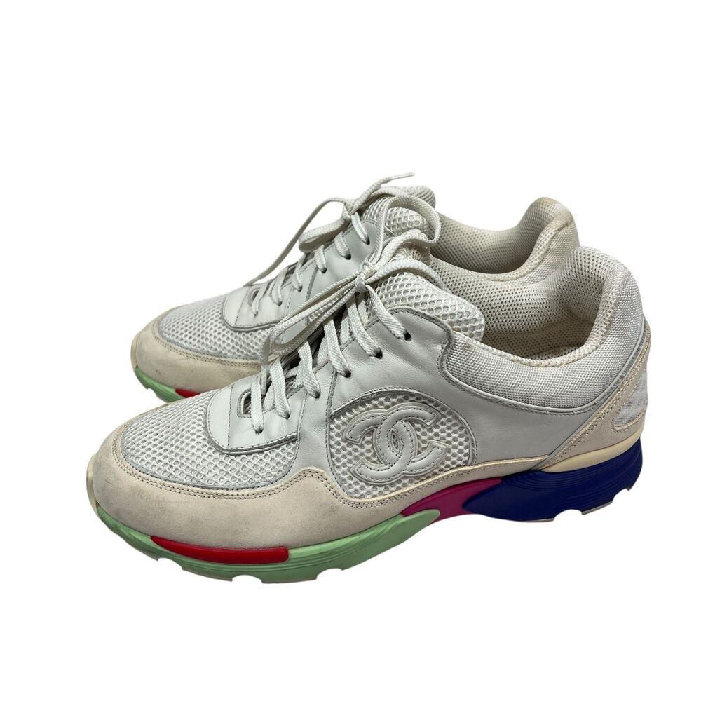 Chanel Interlocking CC‎ Logo Mesh Leather Sneakers White Multi Color Size EUR 40